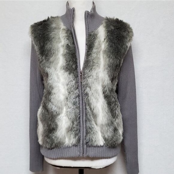 Victoria Harbour Vintage 1990s Faux Fur Ribbed Knit Mock Neck Sweater Jacket - Picture 3 of 14